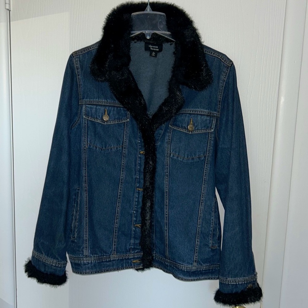 Dennis Basso Dark Blue Black Faux Fur Collar Denim Jacket